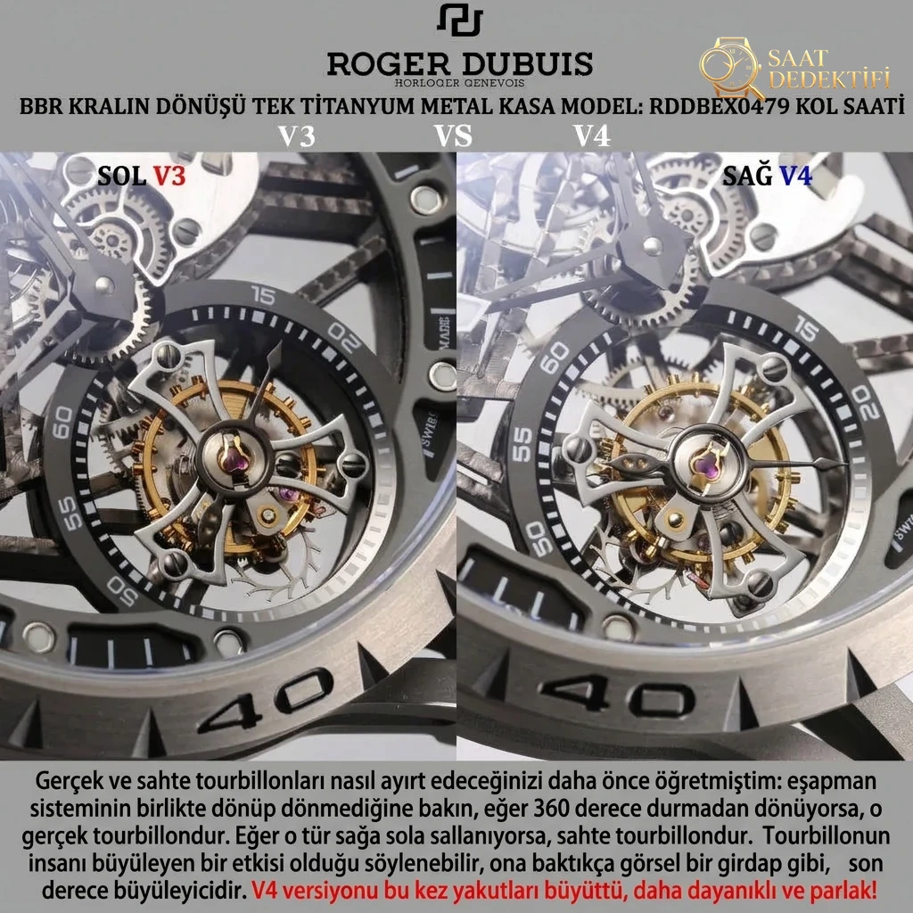 V3 sürümü ile V4 sürümü karşılaştırması: BBR Factory Roger Dubuis Excalibur (King serisi) RDDBEX0479 kauçuk kayışlı erkek tourbillon kol saati - Klips Kilidi ve Lazer Damgalar