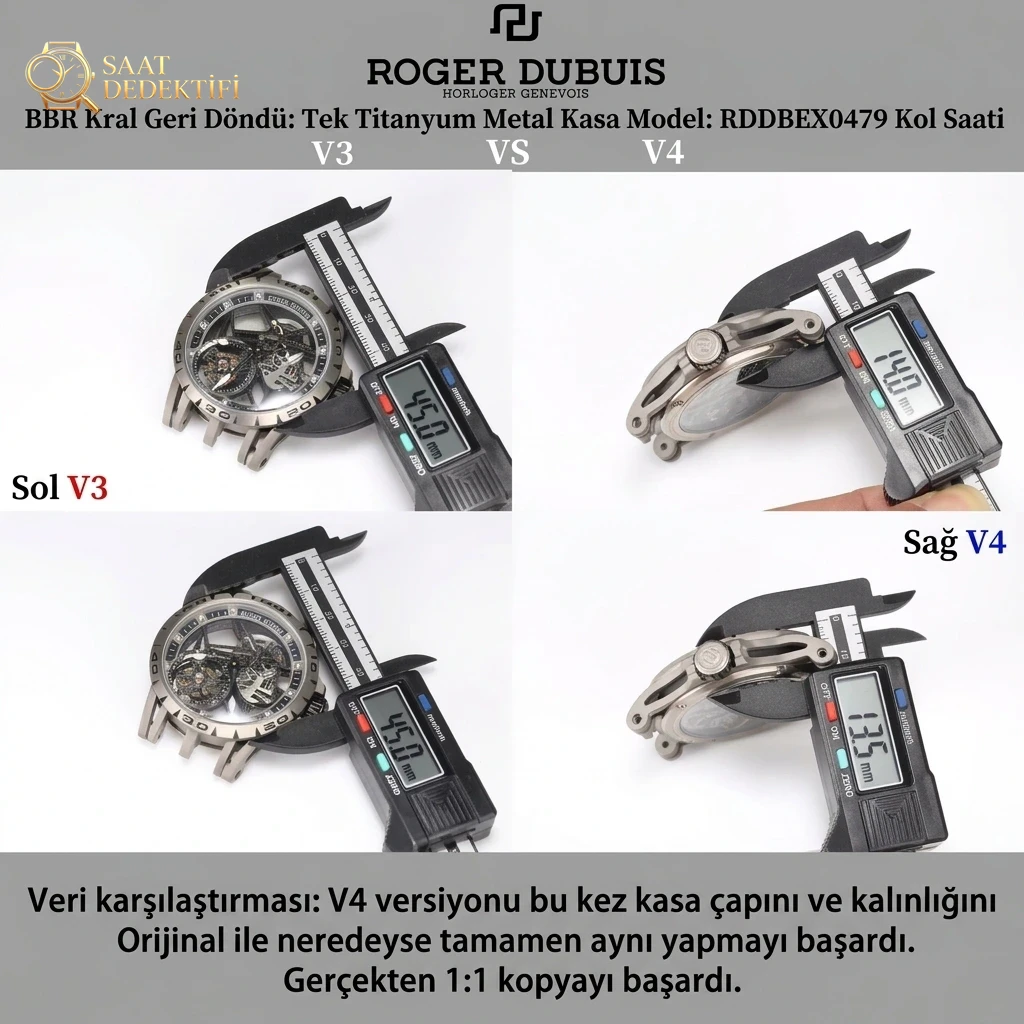 V3 sürümü ile V4 sürümü karşılaştırması: BBR Factory Roger Dubuis Excalibur (King serisi) RDDBEX0479 kauçuk kayışlı erkek tourbillon kol saati - Fosfor ve Super-LumiNova Gece Görünümü
