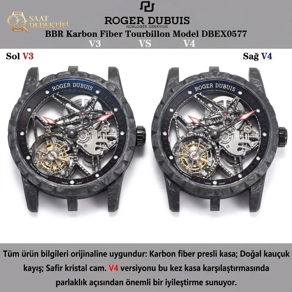 V3 sürümü ile V4 sürümü karşılaştırması: BBR Factory V4 sürüm [Tourbillon] RD Roger Dubuis Excalibur (King serisi) DBEX0577 karbon fiber kasa kol saati - Kasa Profili ve Kurma Kolu İncelemesi