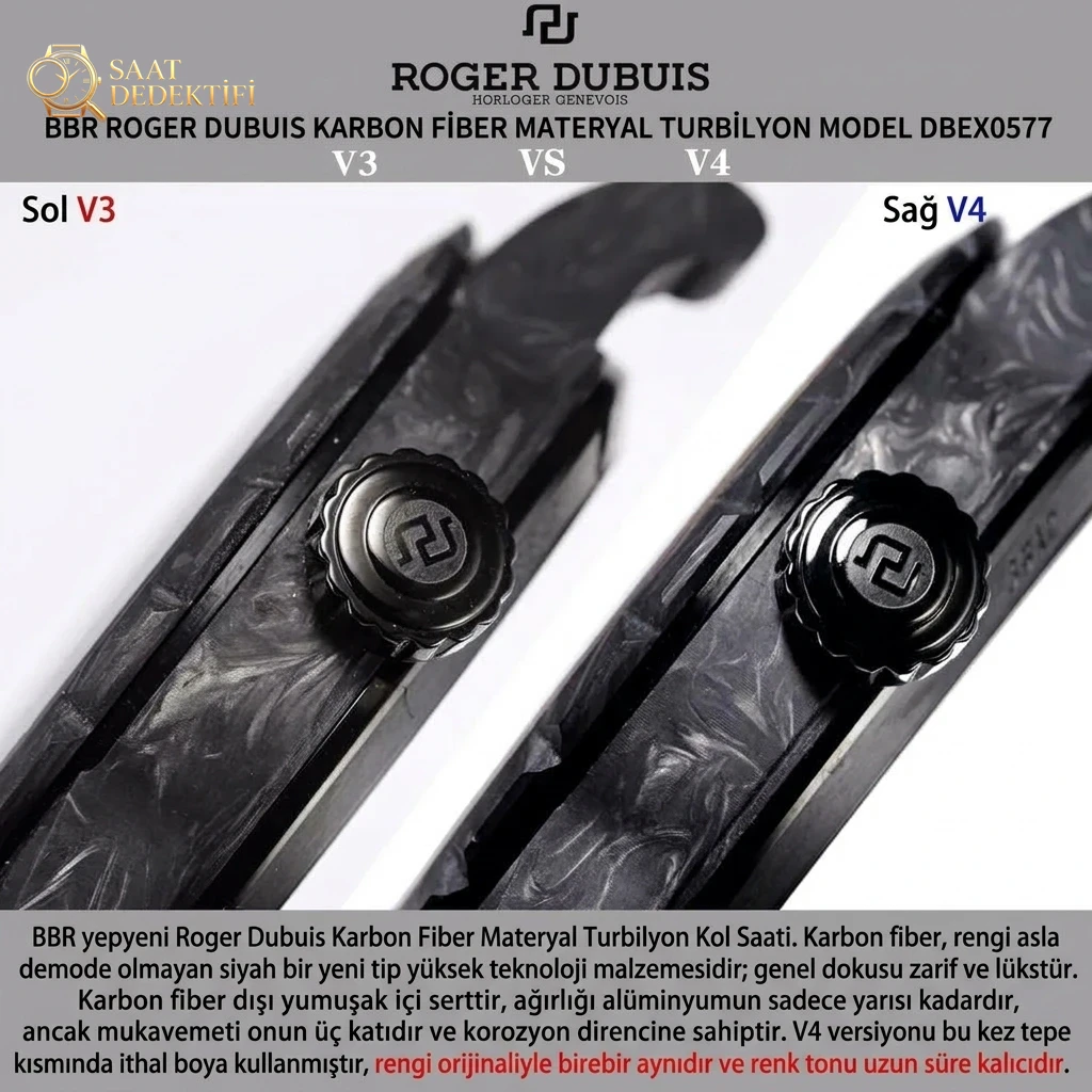 V3 sürümü ile V4 sürümü karşılaştırması: BBR Factory V4 sürüm [Tourbillon] RD Roger Dubuis Excalibur (King serisi) DBEX0577 karbon fiber kasa kol saati - Bilezik, Toka ve Klips Mekanizması