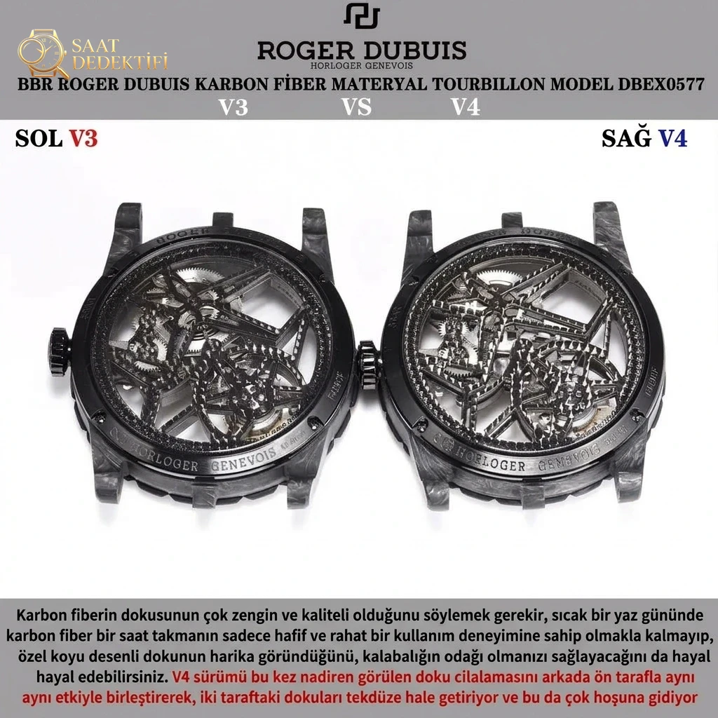 V3 sürümü ile V4 sürümü karşılaştırması: BBR Factory V4 sürüm [Tourbillon] RD Roger Dubuis Excalibur (King serisi) DBEX0577 karbon fiber kasa kol saati - Makro Kadran ve İndeks İşçiliği