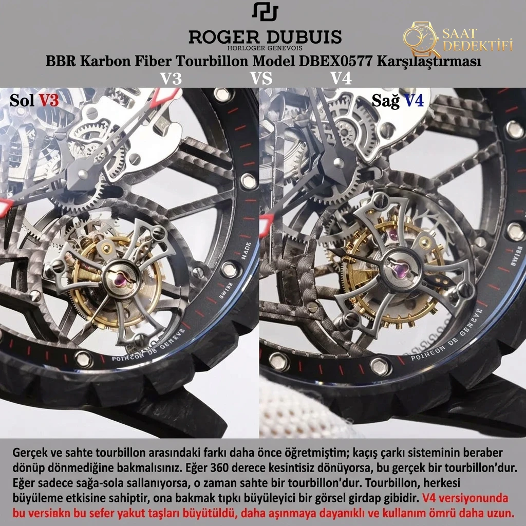 V3 sürümü ile V4 sürümü karşılaştırması: BBR Factory V4 sürüm [Tourbillon] RD Roger Dubuis Excalibur (King serisi) DBEX0577 karbon fiber kasa kol saati - Klips Kilidi ve Lazer Damgalar
