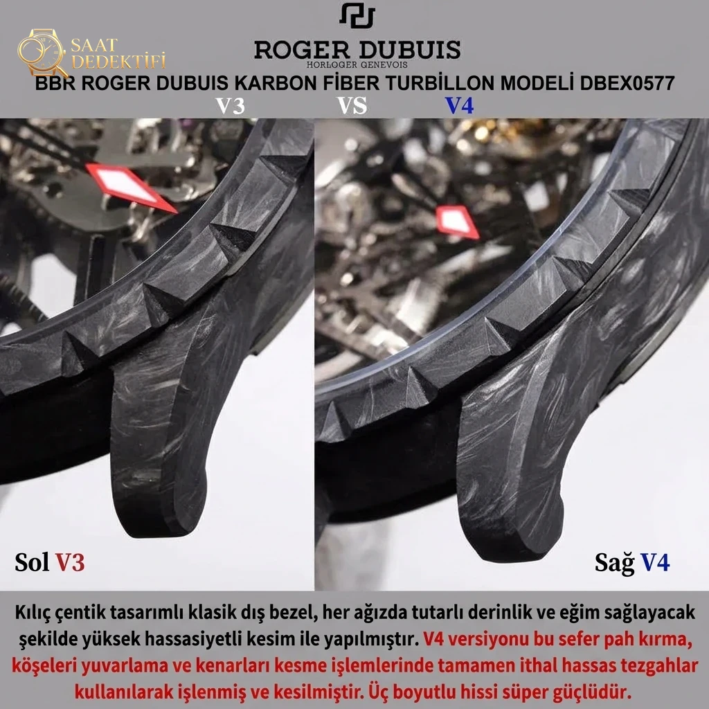 V3 sürümü ile V4 sürümü karşılaştırması: BBR Factory V4 sürüm [Tourbillon] RD Roger Dubuis Excalibur (King serisi) DBEX0577 karbon fiber kasa kol saati - Bilekte Duruş ve Kasa Orantısı