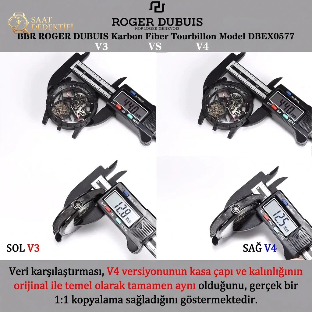 V3 sürümü ile V4 sürümü karşılaştırması: BBR Factory V4 sürüm [Tourbillon] RD Roger Dubuis Excalibur (King serisi) DBEX0577 karbon fiber kasa kol saati - Fosfor ve Super-LumiNova Gece Görünümü