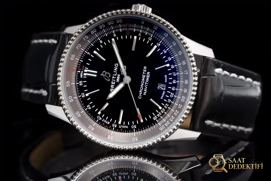 V7 Breitling Aviator 8 siyah kadran gri bezel - Klips Kilidi ve Lazer Damgalar