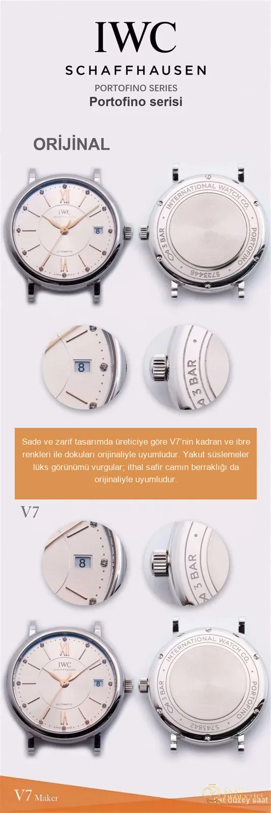 V7 Factory IWC Portofino 37 mm kadın kol saati orijinal karşılaştırma incelemesi - Kasa Profili ve Kurma Kolu İncelemesi