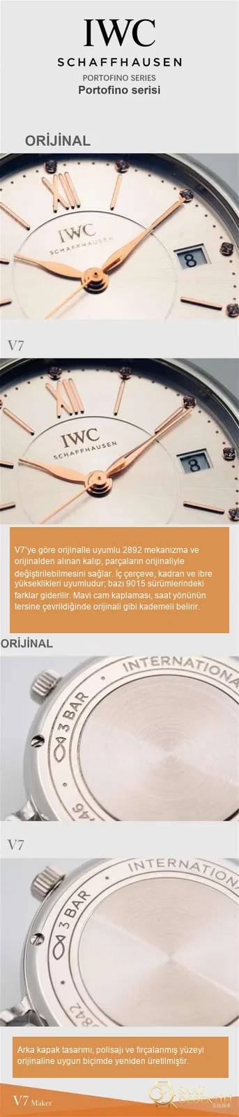 V7 Factory IWC Portofino 37 mm kadın kol saati orijinal karşılaştırma incelemesi - Bilezik, Toka ve Klips Mekanizması