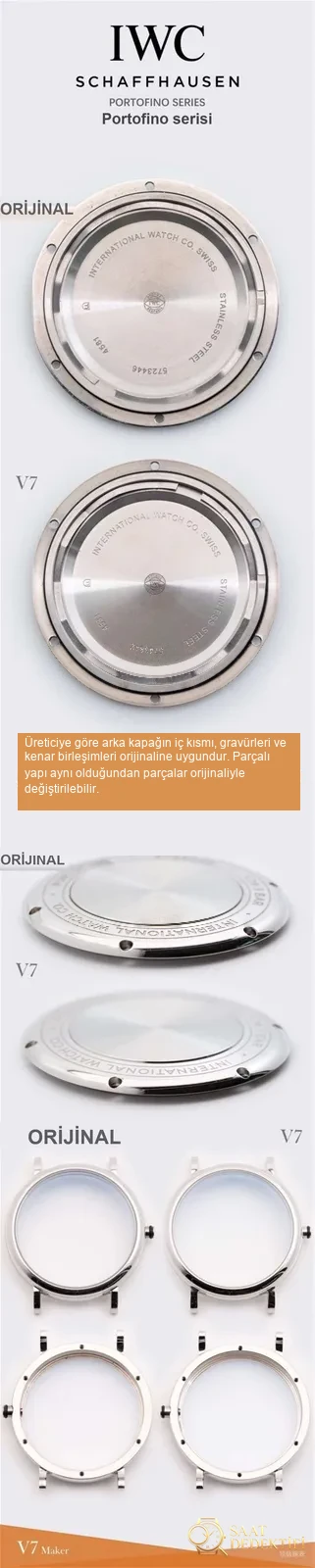 V7 Factory IWC Portofino 37 mm kadın kol saati orijinal karşılaştırma incelemesi - Makro Kadran ve İndeks İşçiliği