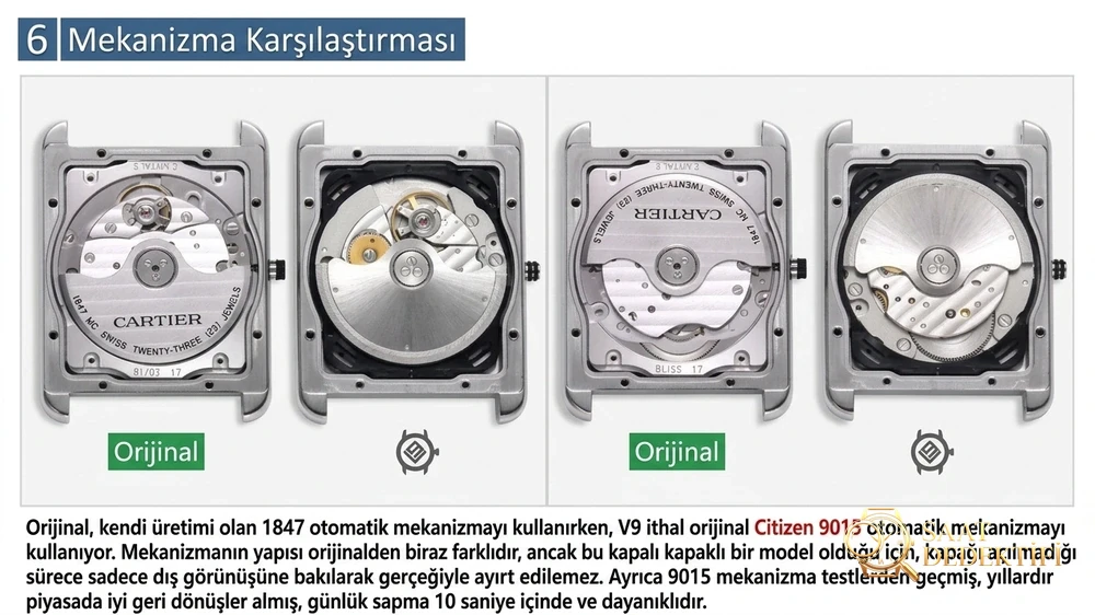 V9 Factory Cartier Tank Citizen.9015 mekanizmalı gerçek-replika karşılaştırmalı inceleme - Klips Kilidi ve Lazer Damgalar
