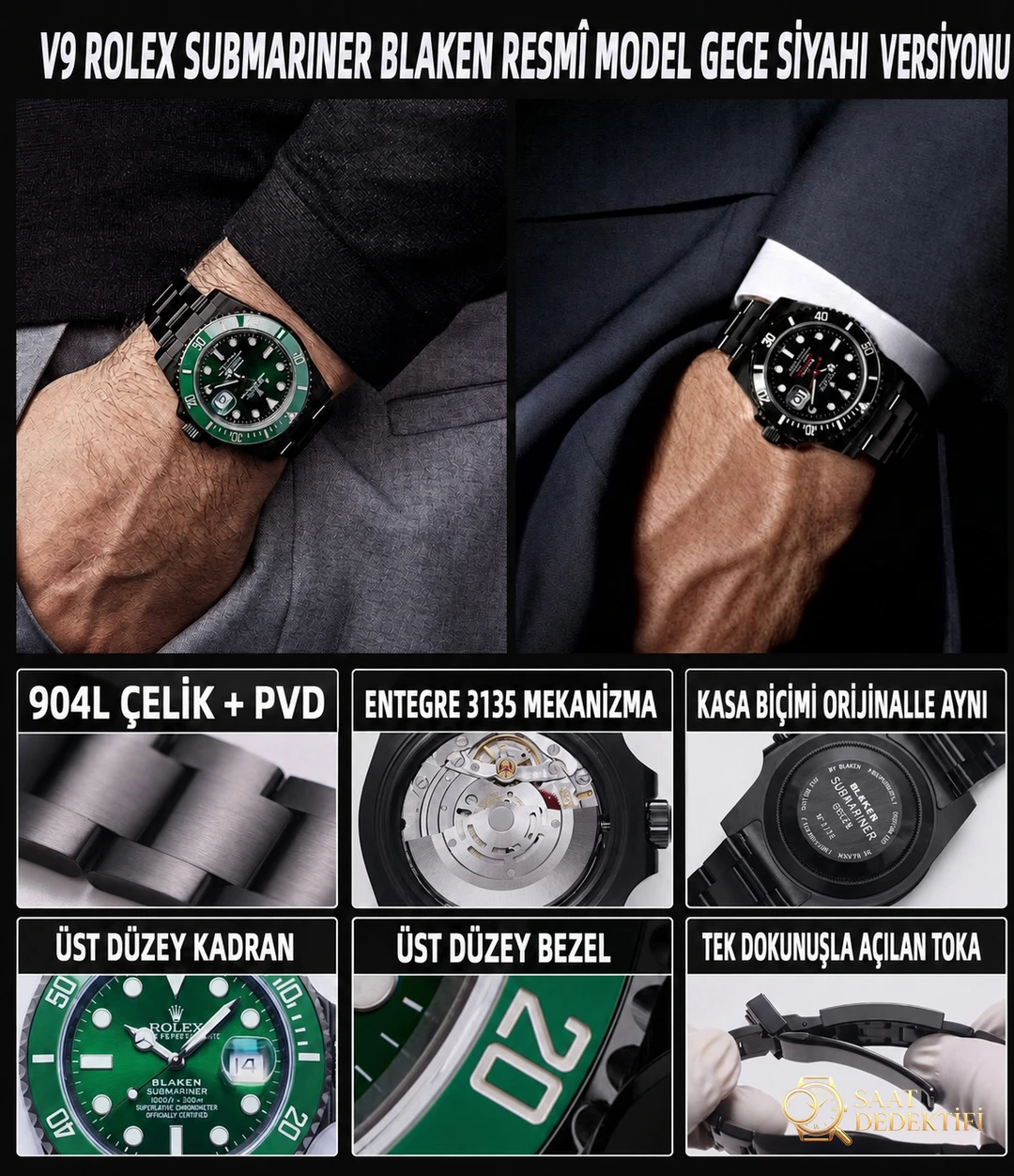 V9 Factory modifiyeli Rolex yeşil su hayaleti blacken saat: karartma etkisi nasıl? - Kasa Profili ve Kurma Kolu İncelemesi