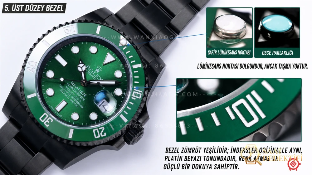 V9 Factory Rolex schwarz-grüner Wassergeist „Offizielles BLAKEN-Modell“, Nachtschwarz-Version, Vergleichsbewertung mit dem Original – Verschlussschloss und Laserstempel