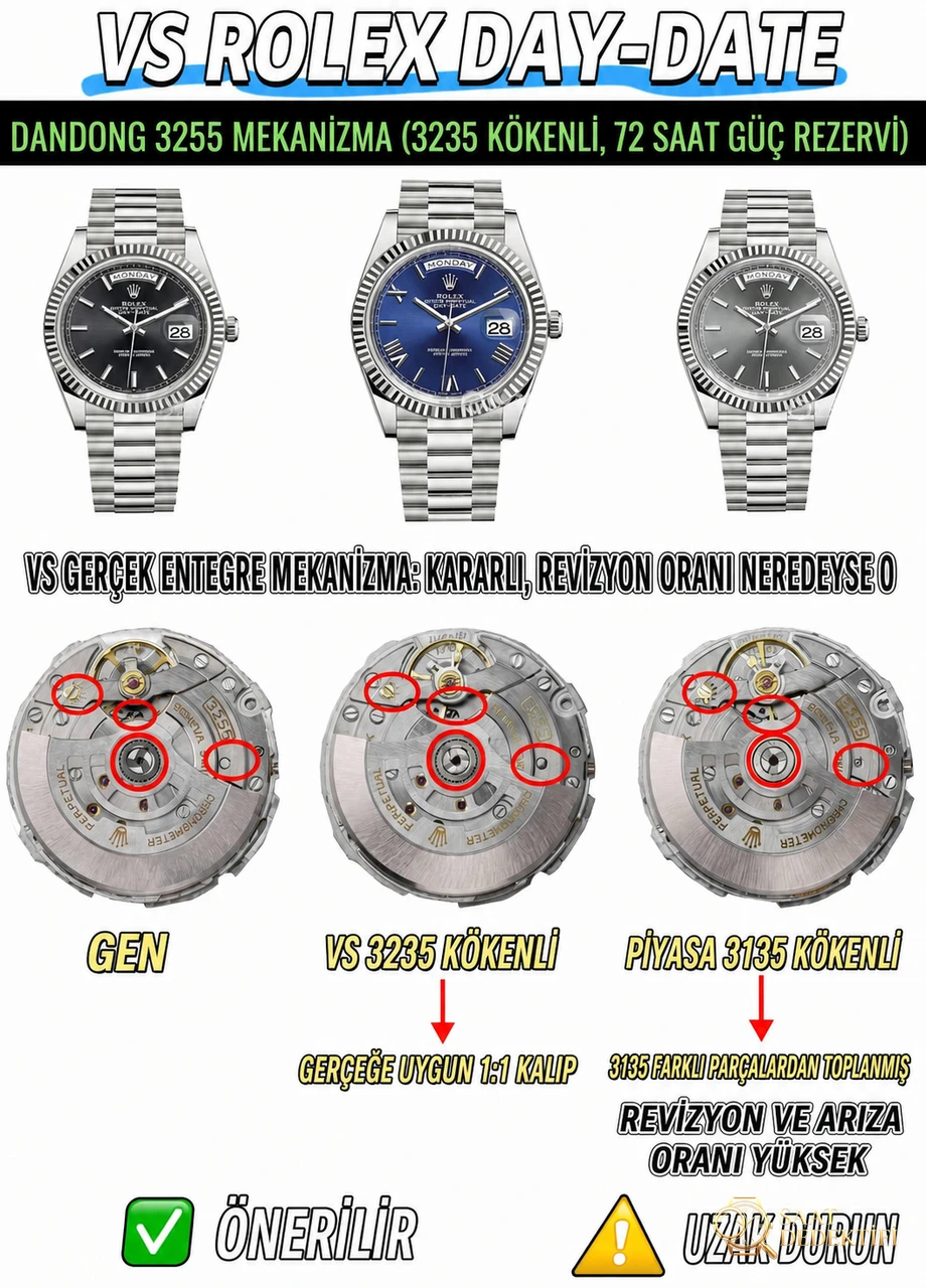 VS Factory 2025 amiral gemisi çalışması | Rolex Day-Date replika zirve sürümü, sınıfının üstünde sert bir güç - Kasa Profili ve Kurma Kolu İncelemesi