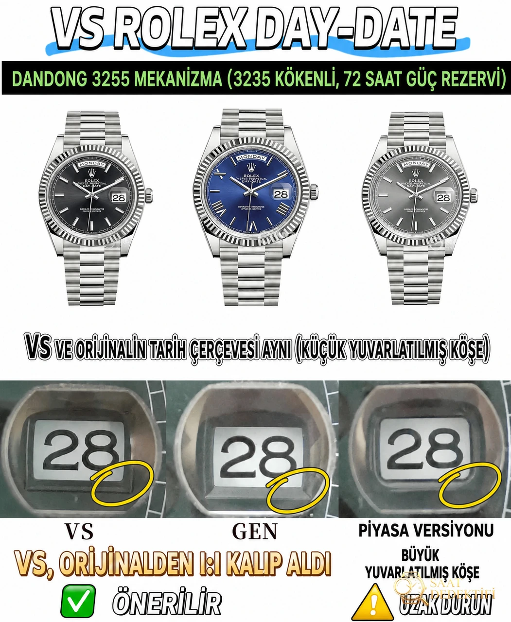 VS Factory 2025 öne çıkan öneri: Ağırlık dengeli Rolex Day-Date, replika zirvesi bir üst seviyede! - Mekanizma Zemberek ve Balans Detayı