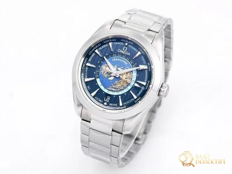 VS Factory Omega 150M World Time Koyu Mavi Replika Saat - VS Saat - Kadran Detayı ve Bezel İşçiliği
