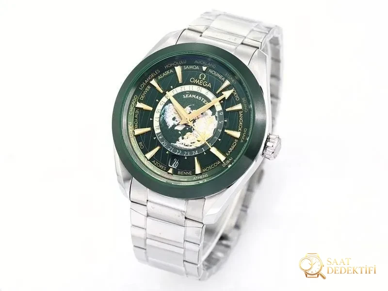 VS Factory Omega 150M World Time yeşil bezel yeşil kadran altın akrep-yelkovan replika saat - VS saat - Kadran Detayı ve Bezel İşçiliği