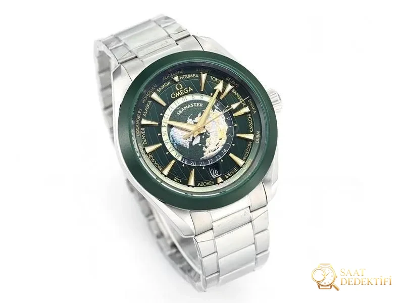 VS Factory Omega 150M World Time yeşil bezel yeşil kadran altın akrep-yelkovan replika saat - VS saat - Kasa Profili ve Kurma Kolu İncelemesi