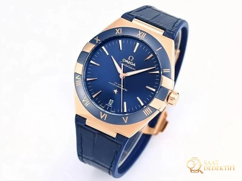 VS Factory Omega 5. Nesil Constellation Rose Gold Mavi Bezel Mavi Kadran Replika Kol Saati - VS Saat - Kadran Detayı ve Bezel İşçiliği