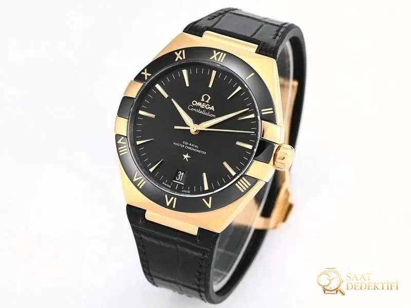 VS Factory Omega beşinci nesil Constellation altın model siyah bezel replika kol saati - VS Saat - Kadran Detayı ve Bezel İşçiliği