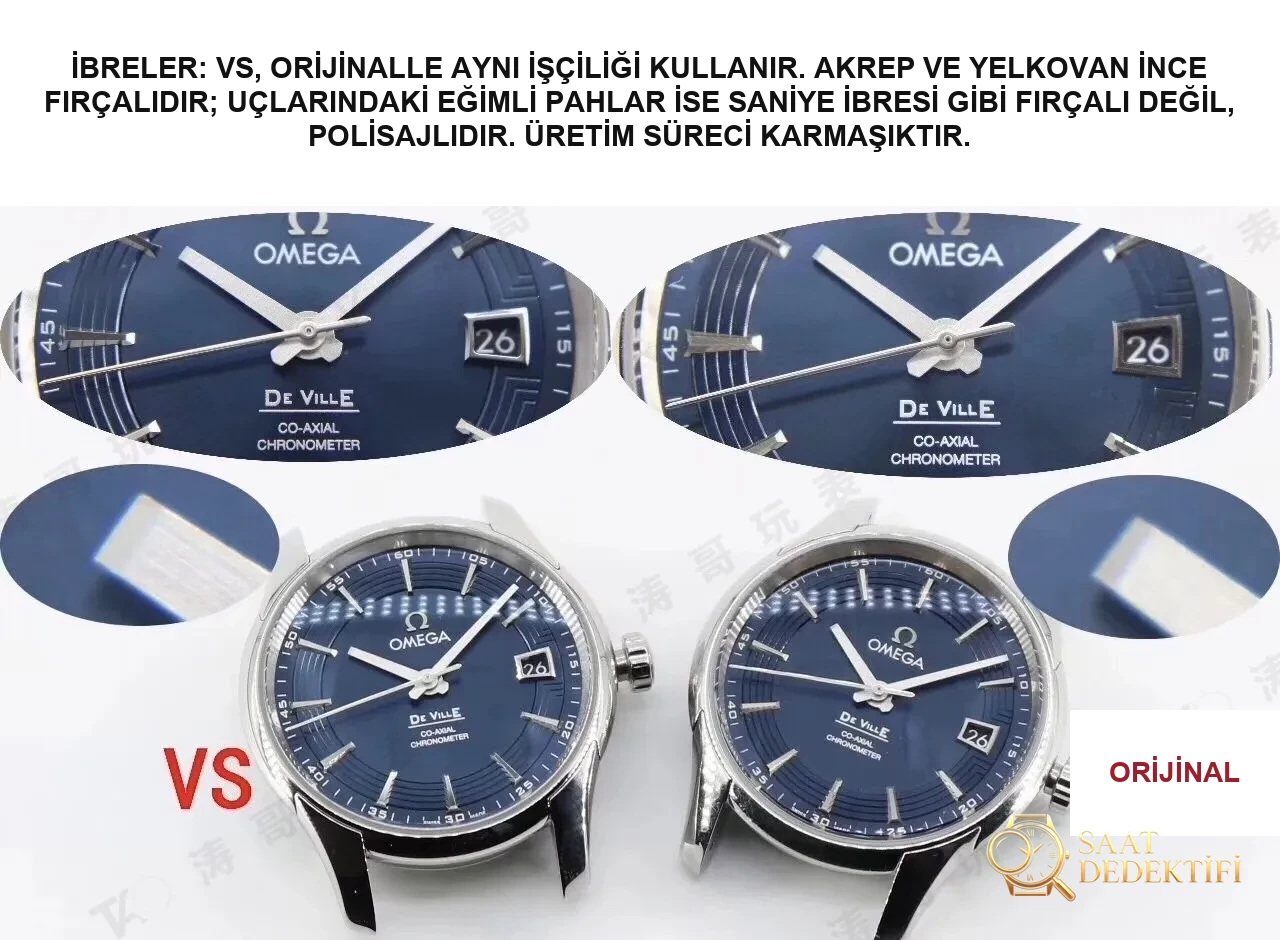 VS Factory Omega De Ville Bright Blue: 8500 mekanizması ile orijinalin detaylı karşılaştırmalı incelemesi - Klips Kilidi ve Lazer Damgalar