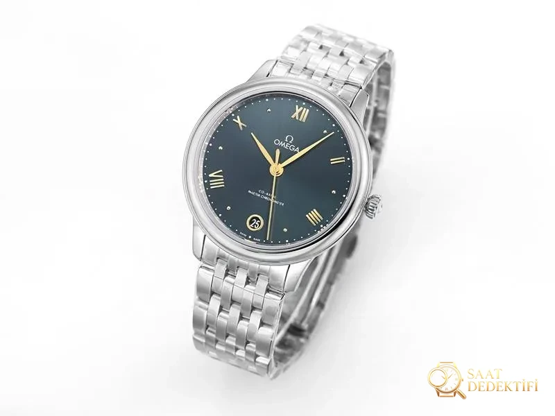 VS Factory Omega De Ville kadın modeli, yeşil kadran, altın akrep ve yelkovan, altın saat işaretli replika kol saati - VS Saat - Kadran Detayı ve Bezel İşçiliği