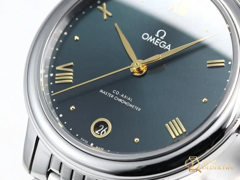 VS Factory Omega De Ville kadın modeli, yeşil kadran, altın akrep ve yelkovan, altın saat işaretli replika kol saati - VS Saat - Arka Kapak ve Mekanizma Detayı