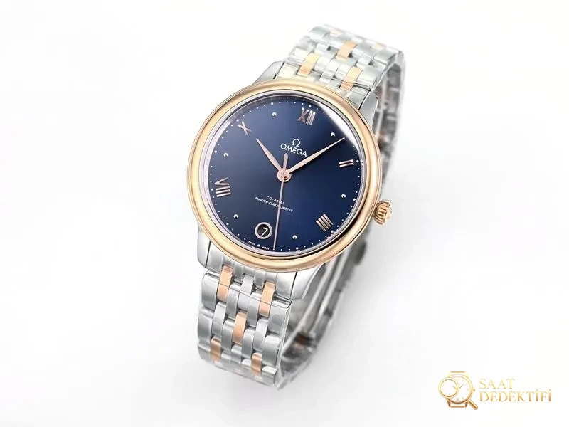 VS Factory Omega De Ville kadın zarif iki renk altın mavi kadran replika kol saati - VS Saat - Kadran Detayı ve Bezel İşçiliği