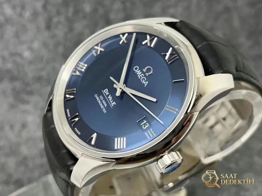 VS Factory Omega De Ville série cadran bleu bracelet en cuir réplique montre-bracelet - VS Watch - Détail du cadran et finition de la lunette