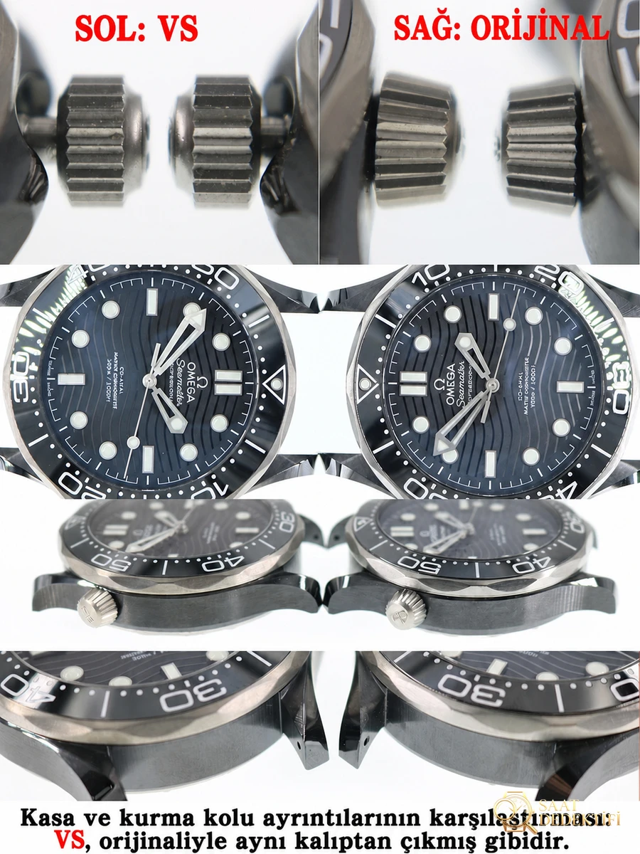 VS Factory Omega gerçek-replika karşılaştırması - Seamaster 300 tam seramik siyah model - Kasa Profili ve Kurma Kolu İncelemesi
