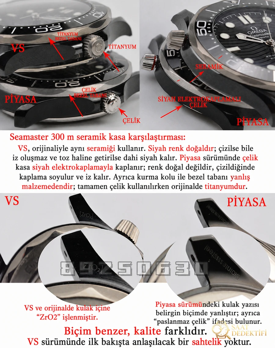 VS Factory Omega gerçek-replika karşılaştırması - Seamaster 300 tam seramik siyah model - Mekanizma Zemberek ve Balans Detayı