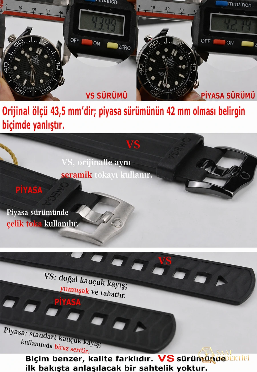 VS Factory Omega gerçek-replika karşılaştırması - Seamaster 300 tam seramik siyah model - Yan Profil ve Kordon Bağlantısı