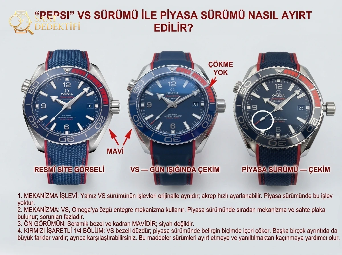 VS Factory Omega Pepsi bezelli Seamaster Planet Ocean 600 olimpiyat versiyonu 8900 mekanizmalı replika saat nasıl? - Kadran Detayı ve Bezel İşçiliği