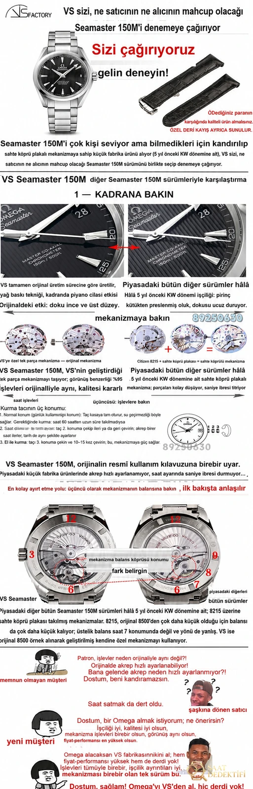 VS Factory Omega replika saat ile piyasa versiyonu karşılaştırması - Seamaster 150 dikey tik ağacı kadran - Kasa Profili ve Kurma Kolu İncelemesi