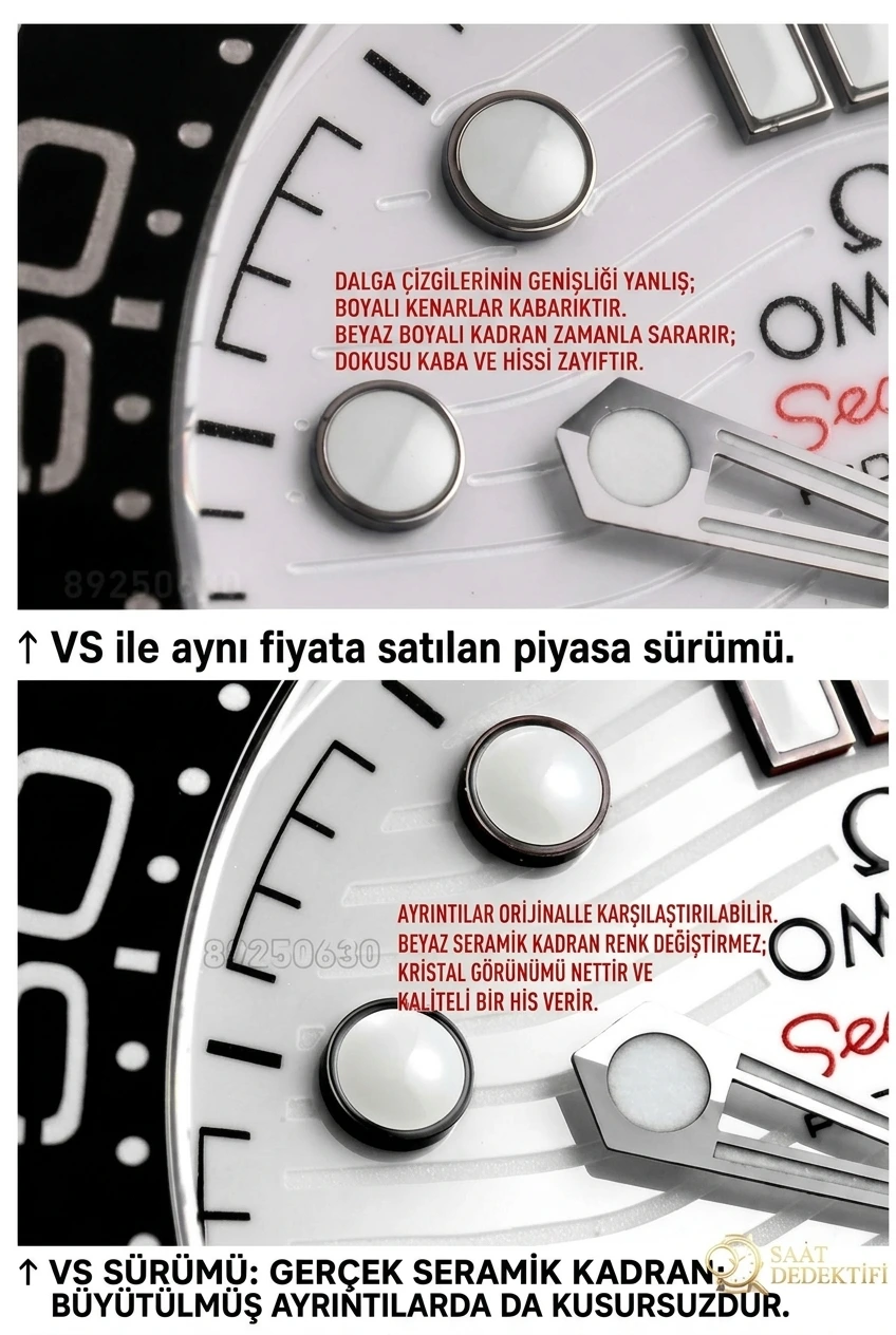 VS Factory Omega Replika Saat Piyasa Versiyonuyla Karşılaştırma - Seamaster 300 Panda Kadran Modeli - Kadran Detayı ve Bezel İşçiliği