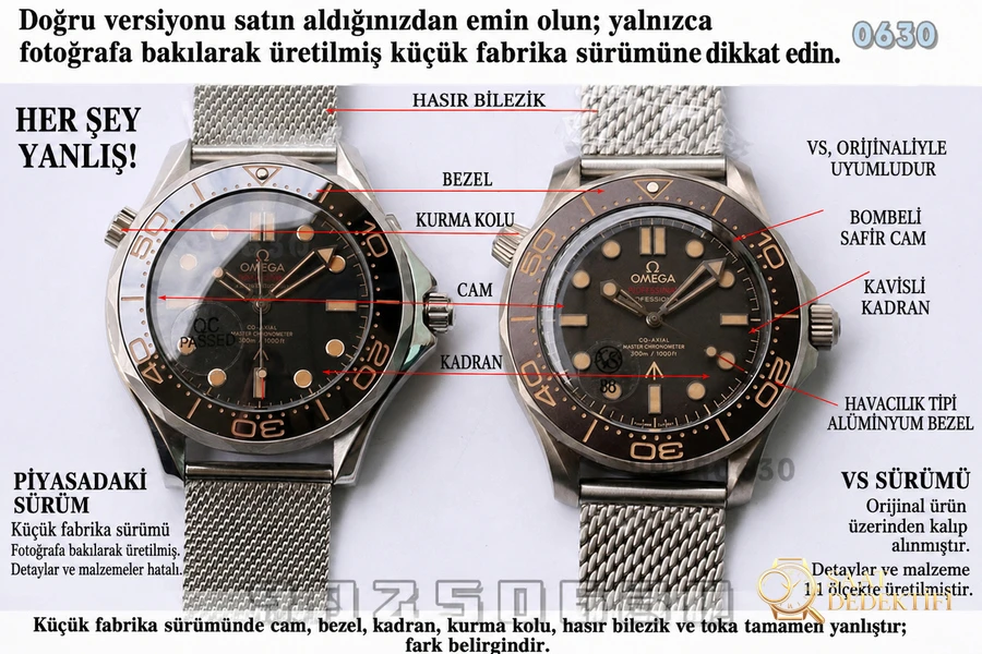 VS Factory Omega replika saatin market versiyonuyla karşılaştırması - 007 No Time to Die 210.90.42.20.01.001 - Kadran Detayı ve Bezel İşçiliği