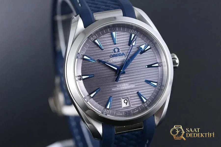 VS Factory Omega Seamaster 150M tik ağacı gri kadran mavi akrep-yelkovan replika kol saati-VS Saat - Kadran Detayı ve Bezel İşçiliği