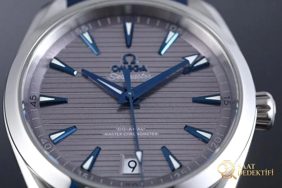 VS Factory Omega Seamaster 150M tik ağacı gri kadran mavi akrep-yelkovan replika kol saati-VS Saat - Bilezik, Toka ve Klips Mekanizması