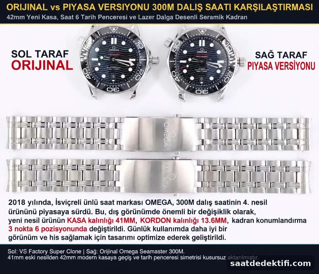 VS Factory super clone ile orijinal Omega Seamaster 300M ön yüz ve bilezik karşılaştırması
