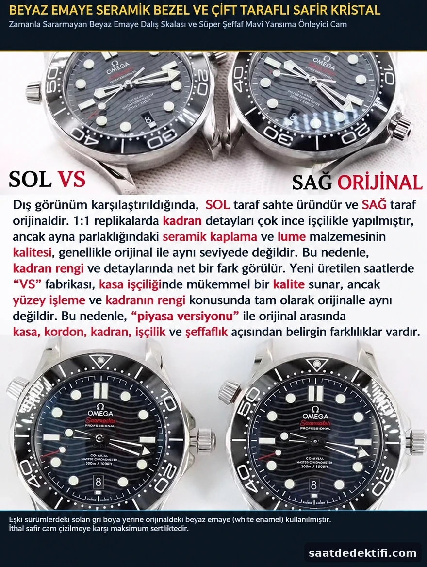 Parlak siyah zirkonyum seramik bezel, beyaz emaye dalış skalası ve çift AR kaplamalı kubbeli safir cam