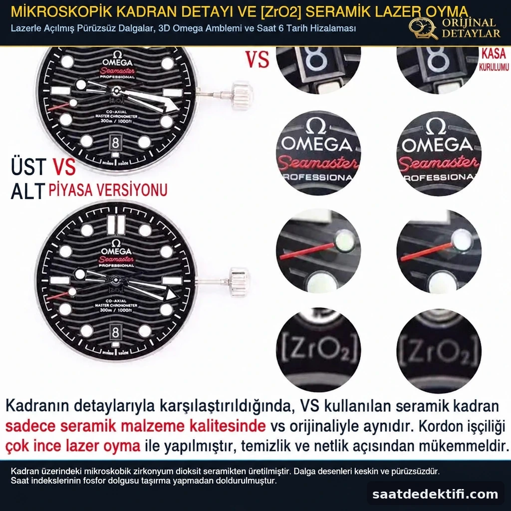 Mikroskop altında zirkonyum seramik kadran, lazer oyma dalga hatları ve 3D kabartmalı Omega logosu