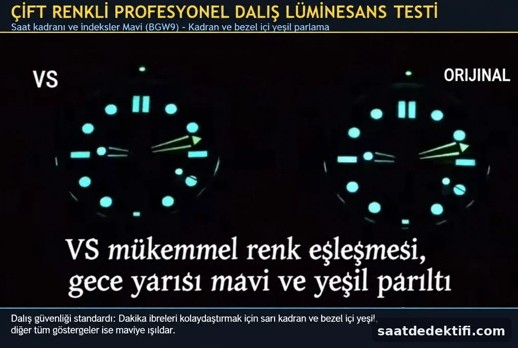 Karanlık oda lüminesans testinde mavi saat indeksleri ve yeşil yelkovan ile bezel incisi