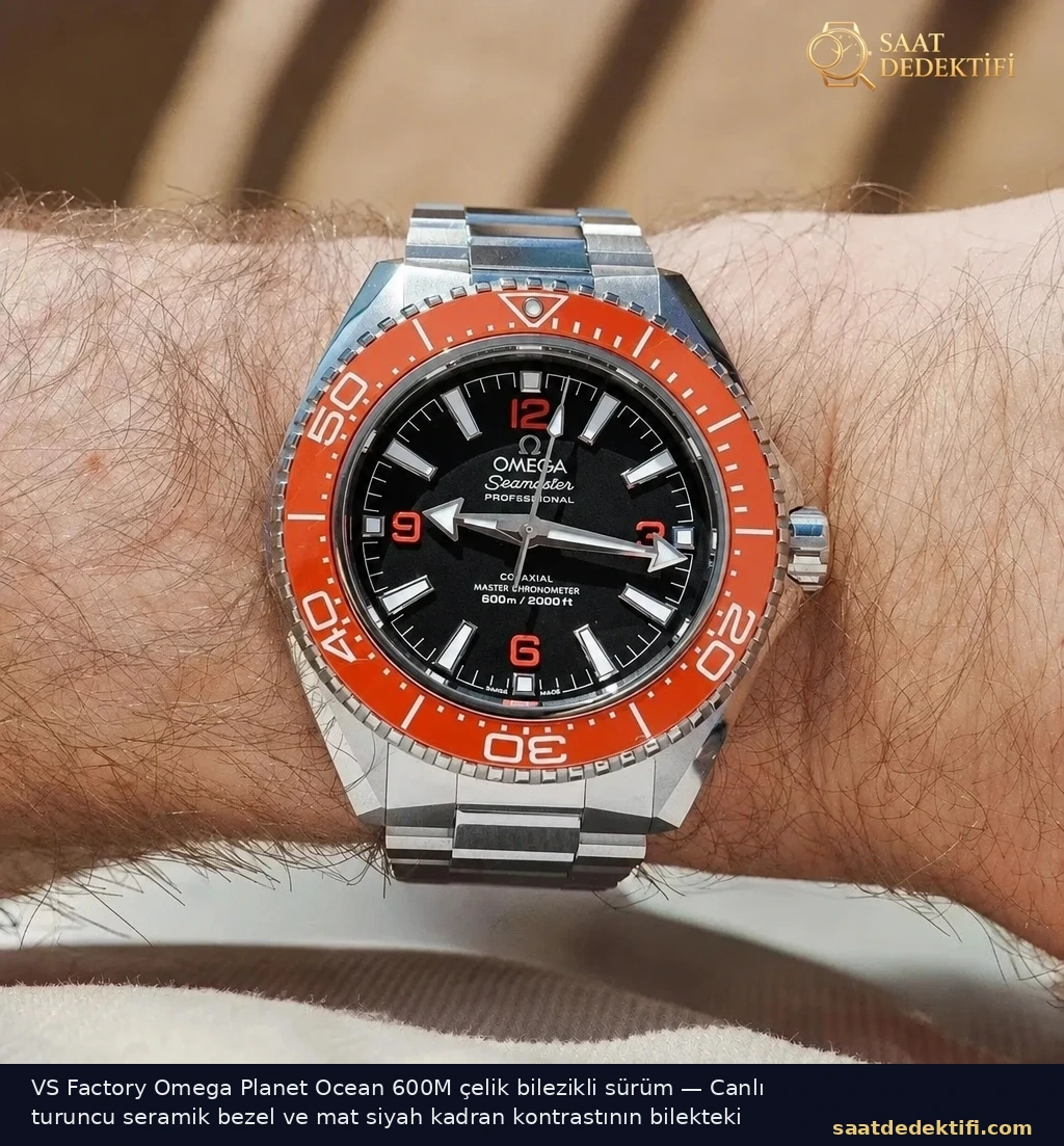 VS Factory Omega Planet Ocean 600M turuncu seramik bezelli çelik bilezikli sürüm bilekte