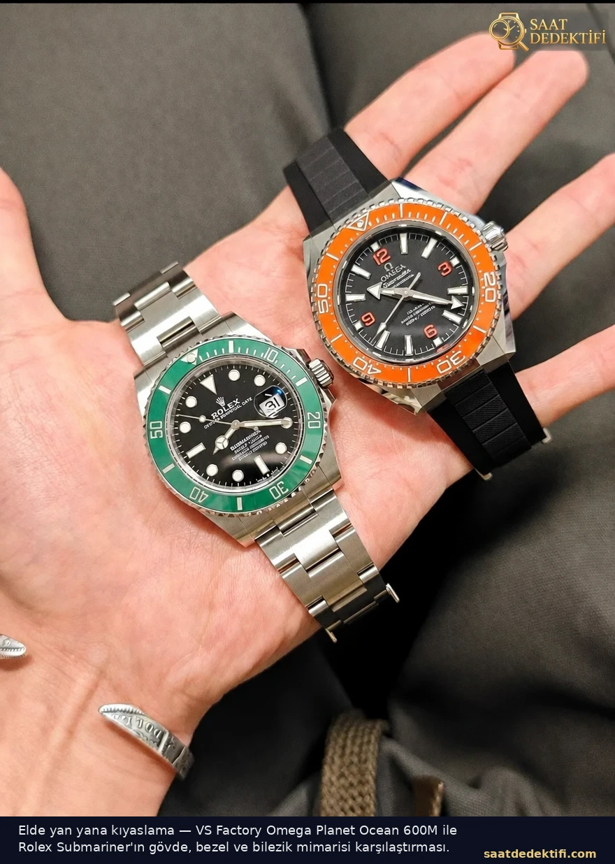 VS Factory Omega Planet Ocean 600M ile Rolex Submariner elde yan yana kıyaslama