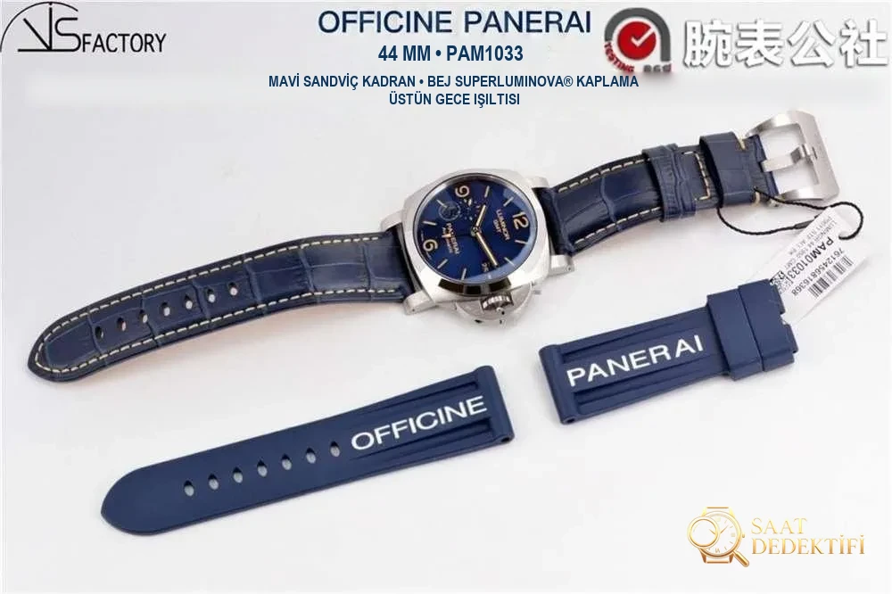 VS Factory Panerai 1033 «GMT» 44 MM Çarpıcı Mavi Kadran İncelemesi - Klips Kilidi ve Lazer Damgalar