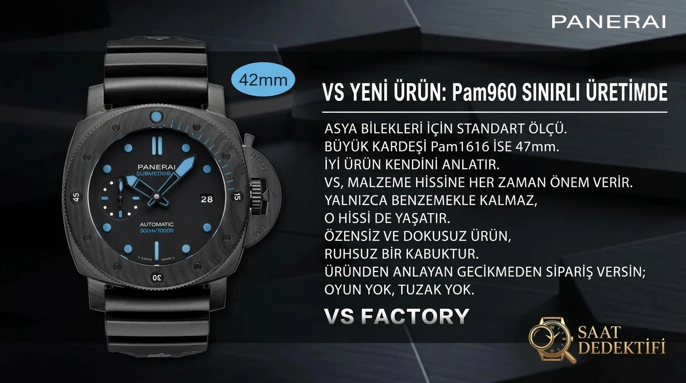 VS Factory Panerai Submersible PAM960 Sun Yang tarzı 1616 küçük boy 42 MM replika kol saati - Genel Açı ve Estetik Duruş