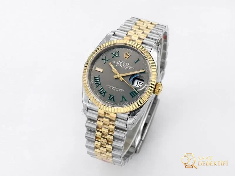 VS Factory Rolex 36 Datejust İki Renk Altın Gri Kadran Roma Rakamlı Replika Saat - VS Saat - Kadran Detayı ve Bezel İşçiliği