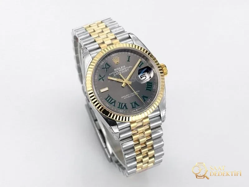 VS Factory Rolex 36 Datejust İki Renk Altın Gri Kadran Roma Rakamlı Replika Saat - VS Saat - Kasa Profili ve Kurma Kolu İncelemesi
