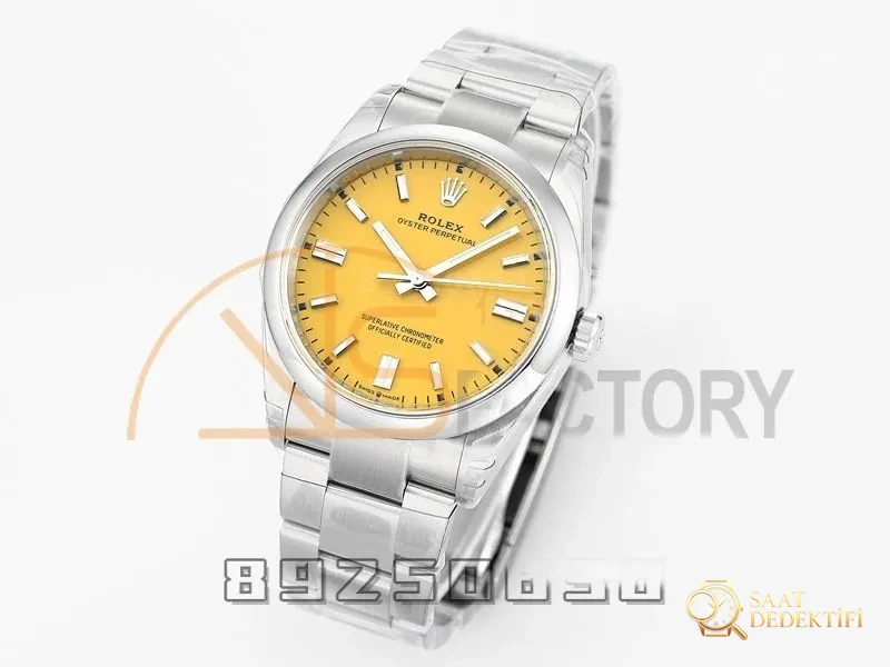 VS Factory Rolex 36 Oyster Perpetual sarı kadran replika kol saati - VS saat - Kadran Detayı ve Bezel İşçiliği