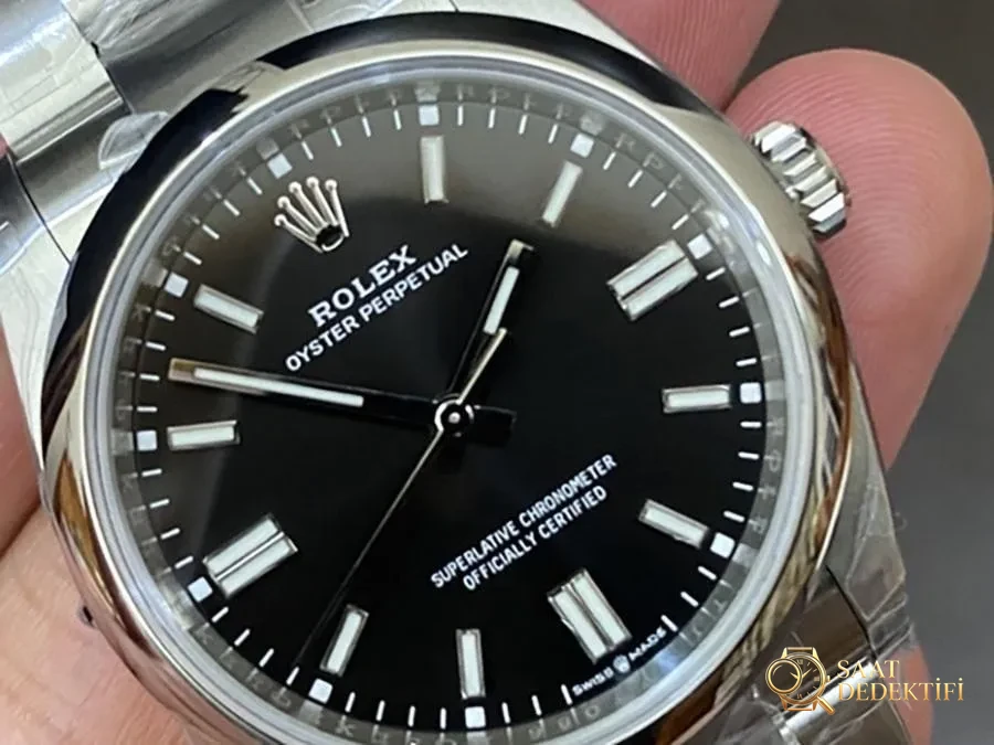 VS Factory Rolex 36 Oyster Perpetual Serisi Siyah Kadranlı Replika Kol Saati - VS Saat - Kadran Detayı ve Bezel İşçiliği