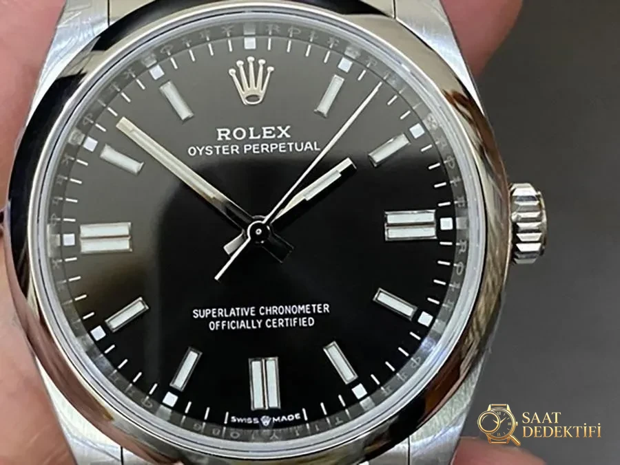 VS Factory Rolex 36 Oyster Perpetual Serisi Siyah Kadranlı Replika Kol Saati - VS Saat - Kasa Profili ve Kurma Kolu İncelemesi