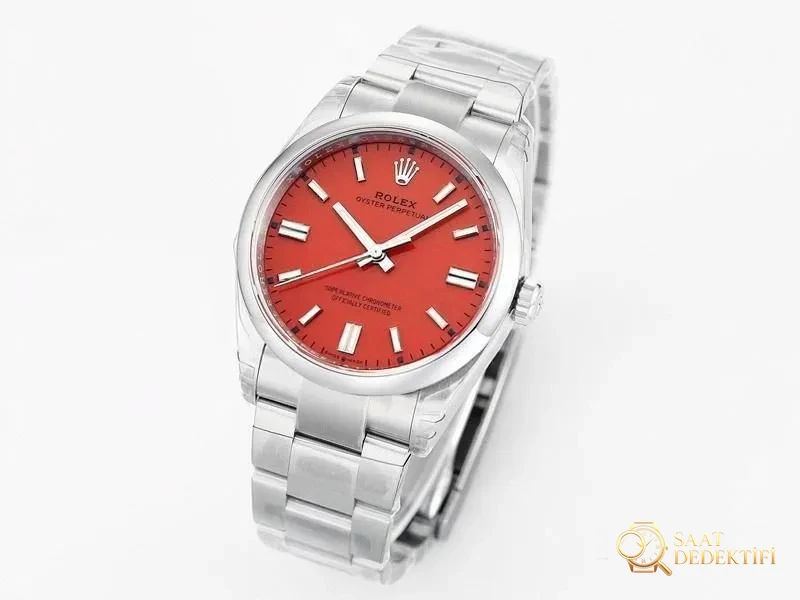 VS Factory Rolex 36 Oyster Perpetual Turuncu-Kırmızı Replika Kol Saati - VS Saat - Kadran Detayı ve Bezel İşçiliği